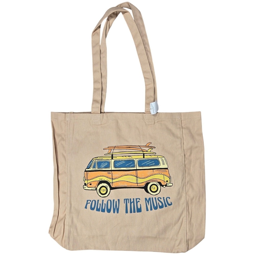 American Eagle Canvas Tote Bag Follow The Music Van Surfboard Graphic‎ Beige